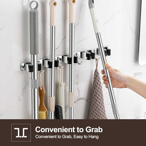 Broom Holder Wall Mount, Stainless Steel Broom Hanger Wall Mount, Heavy Duty Mop and Broom Holder Tool Racks Utility Hooks for Laundry Room Garden Garage, Grey (5 Racks and 4 Hooks) - view 2