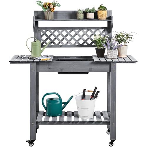 Outdoor Potting Bench with Sink, Garden Table, Lower Shelf,Gray