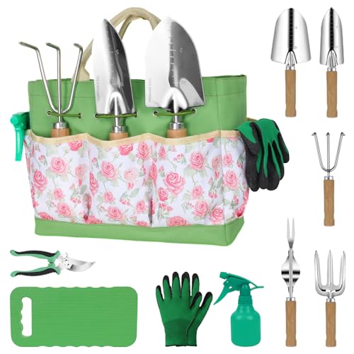 Garden Tools Set, 10-Piece Heavy Duty Garden Hand Tools Kit with Wooden Handle, Durable Organizer Bag for Garden Supplies, Gardening Gifts for Women Grandmother, Pink Floral Pattern
