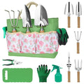 Garden Tools Set, 10-Piece Heavy Duty Garden Hand Tools Kit with Wooden Handle, Durable Organizer Bag for Garden Supplies, Gardening Gifts for Women Grandmother, Pink Floral Pattern