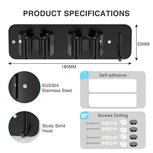 Wall Mount Mop and Broom Holder, Heavy Duty Stainless Steel Organizer Rack with Hooks | 2-Pack, 2-in-1 No Drill & Screw Installation, Black - view 5