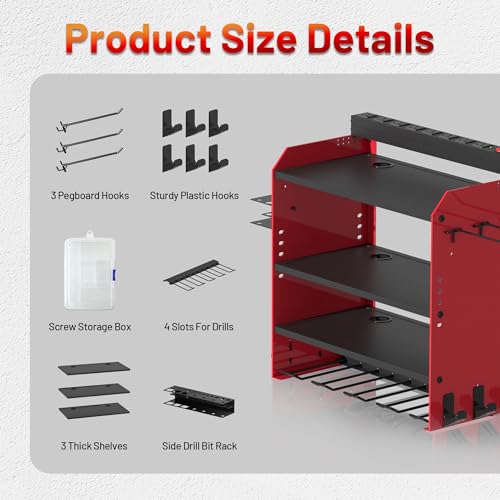 Power Tool Organizer Wall Mount with Charging Station, Garage 4 Drill Storage Shelf with Cordless Tool Holder, Heavy Duty Rack with 8 Outlet Power Strips and Hooks, Gift for Men, Husband (4 Layer) - view 2
