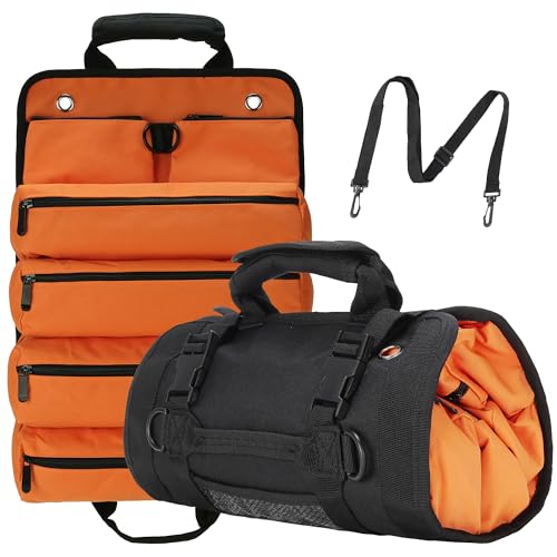Tool Roll Bag, Tool Bag Organizer, Tool Carrier Roll UP Storage Pouches with 6 Zipper Pockets & Strap, Gifts for Men Mechanic Electrician Hobbyist (Orange)