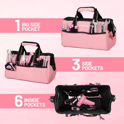 13-Inch Tool Bag, Pink Soft Cloth Tool Storage Bags, Wide Mouth Tool Tote Bag with Inside Pockets - Pink Ribbon - view 5