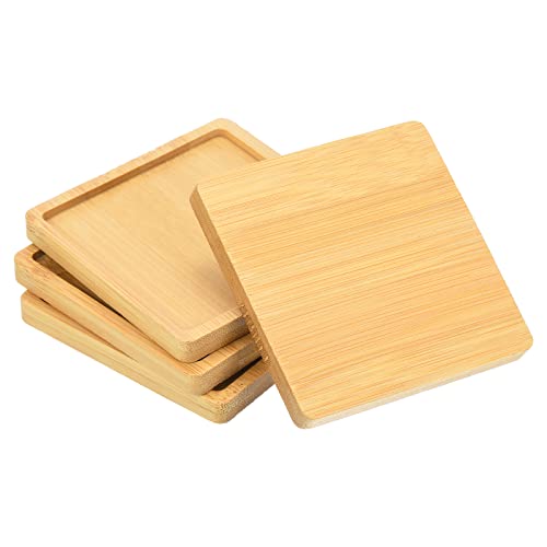 Plant Pot Saucer 3.5 Inch, 4 Pack Bamboo Square Flower Drip Tray for Home Indoor