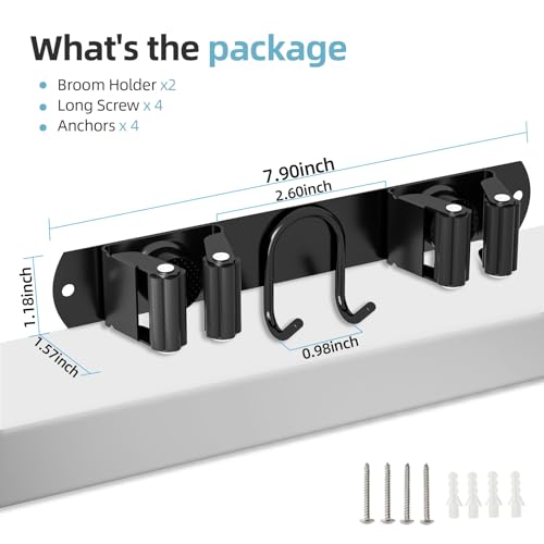Broom Holder Wall Mount, Stainless Steel Mop and Broom Organizer, Broom Hanger with 2 Slots 2 Hooks for Home Kitchen, Garage, Garden and Laundry Room, Black - view 2