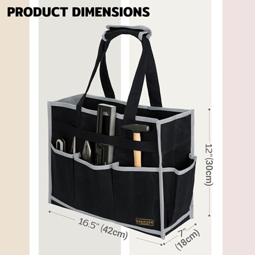 Tool Bag,Tool Pouch with 6 Pockets,Heavy Duty Waxed Canvas Garden Tool Bag Tool Case,16.5 x 7 x 12 Inch & Black - view 2