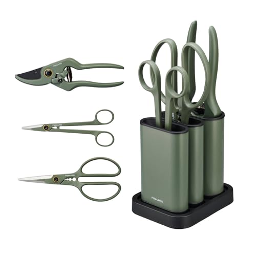 Urban Plant Care Care 1075317 3-Piece Plant/Flower Scissors with Holder, Small Plant Shears with Holder, Stainless Steel/Plastic, Dark Green/Black