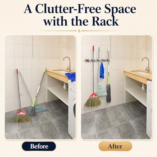 5 Racks and 4 Hooks Mop and Broom Holder Wall Mount, Self Adhesive Heavy Duty Broom Hanger Organizer Storage Tool Racks for Kitchen Garden Laundry Garage - view 3