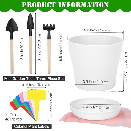 48 Pack Plastic Planters 5.5 Inch Flower Plant Pots Indoor Set Thickened Seedling Nursery Pots Seed Starting Pots with Drainage Holes Saucers Mini Garden Tool for Home Office Garden, White - view 2