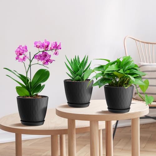 6 inch Plant Pots, 5 Pack Flower Pots with Drainage Holes and Saucers for Indoor Plants, Plastic Planters with Water Ripple for Small Garden House Plants, Nursery Pots for Succulent, Black - view 6
