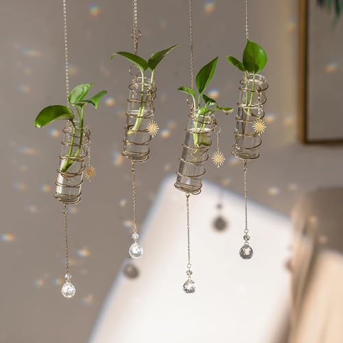 4 Pack Hanging Plant Propagation Stations with Crystal Suncatchers