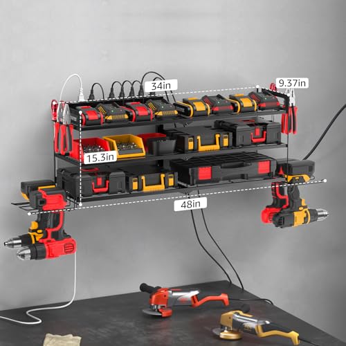 Large Garage Tools Storage with Charging Station. Power Tool Battery Organizer Utility Shelf with Power Strip. 4 Drills Holder Wall Mount Rack, Black 3 Layer. - view 6