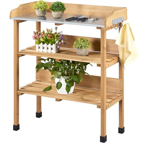 Potting Bench Outdoor Console Table w/3-Tier Storage,Natural Wood