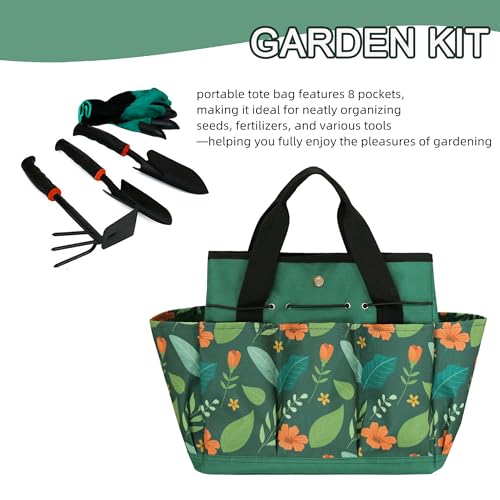 Waterproof Garden Tool Bag, 600D Oxford Portable Gardening Tote with Handle & Multi Pockets, Ideal Gifts for Parents Women (Green Flower, Tools Not Included) - view 3