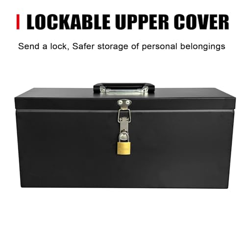 Small Steel Metal Tool Box, Lockable Storage Box for Storing Valuable Items, Office Documents, Garage Tools (16" Black) - view 6