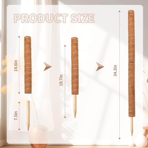 34 Inch Moss Pole, 2 Pack 19.5 Inch Moss Poles for Climbing Plants Monstera, Moss Sticks for Indoor Plant Support Plant Stakes for Indoor Climbing Plants Grow Upwards with Garden Ties - view 2