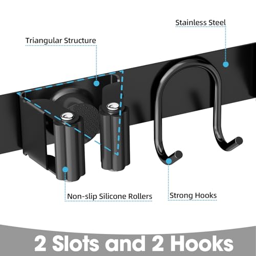 Broom Holder Wall Mount, Stainless Steel Mop and Broom Organizer, Broom Hanger with 2 Slots 2 Hooks for Home Kitchen, Garage, Garden and Laundry Room, Black - view 5