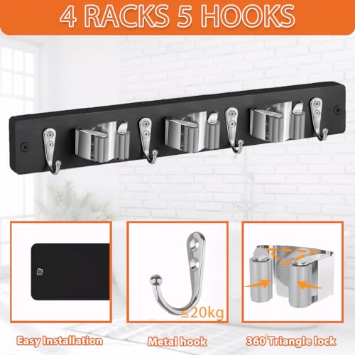 Mop and Broom Holder Wall Mount - Rustic Wood Broom Hanger Wall Mount | Laundry Room Decor - Broom Organizer Wall Mount for Farmhouse Garden Kitchen Garage Tool Organizer(Black-3slots/4hooks) - view 3