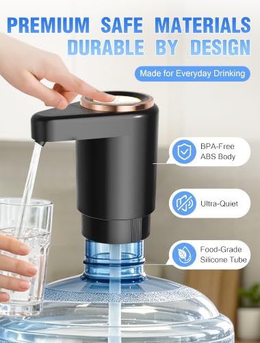 Water Jug Pump for 5 Gallon Bottle, Dual Motor Fast Flow Water Dispenser Pump, USB-C Rechargeable Portable, One-Button Operation, Fits 2–5 Gallon Bottles for Home, Office, RV, Camping (Black) - view 6