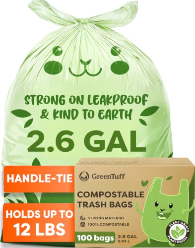 2.6 Gallon Compostable Trash Bags (100 Count) — Thick 0.7 Mil Small Compost Bin Liners — Leak-Resistant Plant-Based Food Scrap Bags for Countertop Kitchen Compost Pails — ASTM D6400 BPI Certified