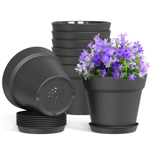 4 Inch Plastic Plant Pots with Drainage Holes and Trays – 8 Pack Small Nursery Pots for Indoor & Outdoor House Plants and Flowers, Seedling Starter Planters, Matte Black