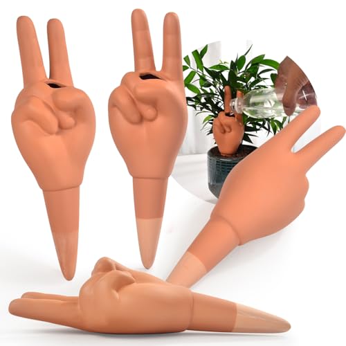 4 Pack 9" Tall Peace Hands for Plant Auotmatic Watering Devices - Terracotta Plants Self Watering Spikes Stakes - Home Garden Decorative Waterer(Peace V Sign Hand)