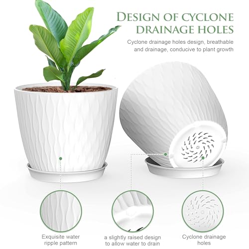 6 inch Flower Pots, 5 Pack Plant Pots with Drainage Holes and Saucers for Indoor Plants, Plastic Planters with Water Ripple for Small Garden House Plants, Nursery Pots for Succulent, White - view 3