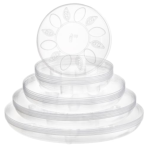 24 Pack Clear Plant Saucers with Feet, 6/8/10/12 Inch Heavy Duty Plastic Plant Drip Trays, Flower Pot Trays, Plant Water Catcher Tray for Indoor & Outdoor Plants, Round, 4 Sizes