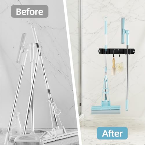 Broom Holder Wall Mount, Stainless Steel Mop and Broom Organizer, Broom Hanger with 2 Slots 2 Hooks for Home Kitchen, Garage, Garden and Laundry Room, Black - view 7