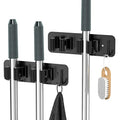 Wall Mount Mop and Broom Holder, Heavy Duty Stainless Steel Organizer Rack with Hooks | 2-Pack, 2-in-1 No Drill & Screw Installation, Black