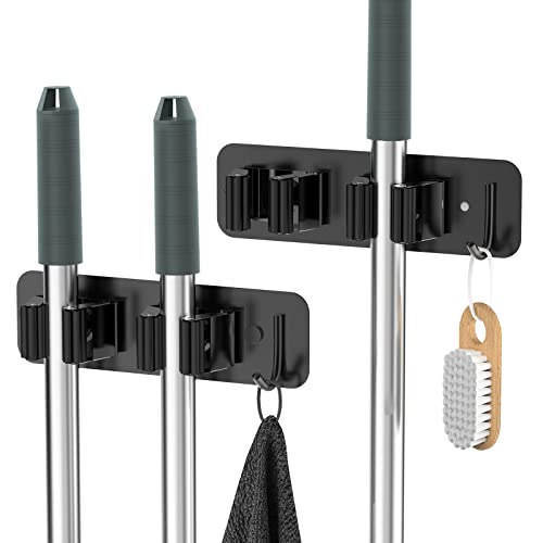 Wall Mount Mop and Broom Holder, Heavy Duty Stainless Steel Organizer Rack with Hooks | 2-Pack, 2-in-1 No Drill & Screw Installation, Black