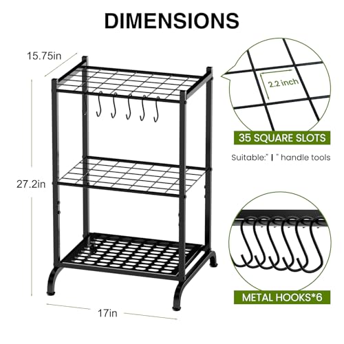 Garden Tool Organizer with Storage Hooks, Yard Tool Tower Rack for Garage Organization and Storage, Up to 35 Long-Handled Tools, Metal Tool Holder with 6 Hooks, Black - view 2