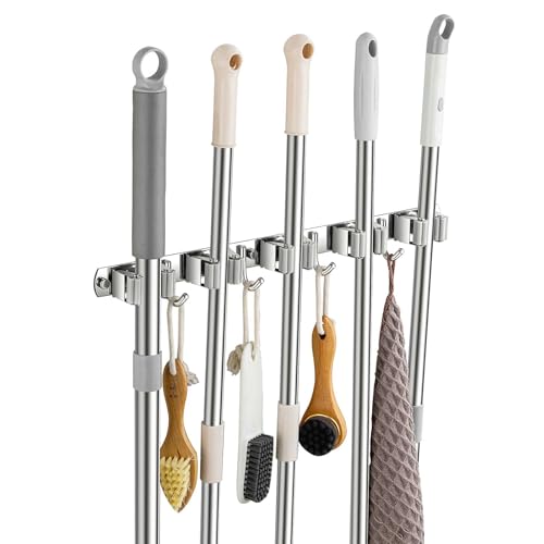Broom Holder Wall Mount, Stainless Steel Broom Hanger Wall Mount, Heavy Duty Mop and Broom Holder Tool Racks Utility Hooks for Laundry Room Garden Garage, Grey (5 Racks and 4 Hooks)