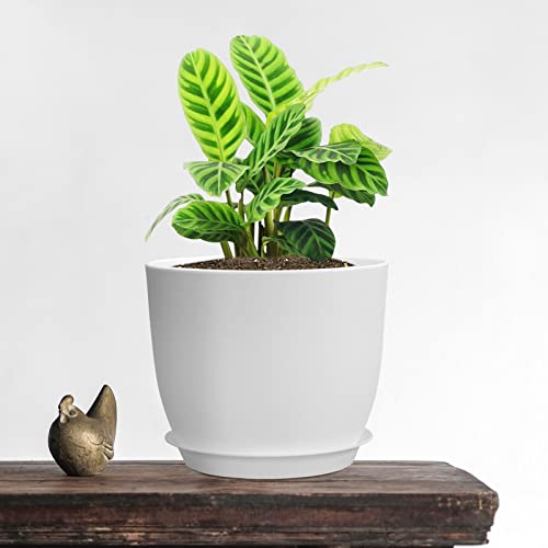 12/10/9 Large Plant Pots, Plastic Planters with Drainage Holes and Saucers for Indoor Outdoor Plants Flowers, White - view 2