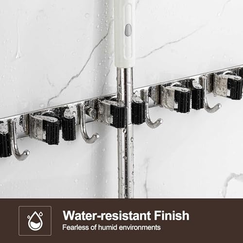 Broom Holder Wall Mount, Stainless Steel Broom Hanger Wall Mount, Heavy Duty Mop and Broom Holder Tool Racks Utility Hooks for Laundry Room Garden Garage, Grey (5 Racks and 4 Hooks) - view 3