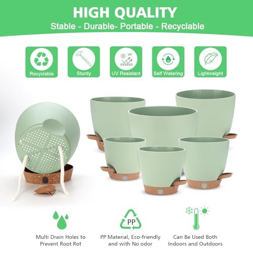 Self Watering Planter Set with Visual Water Level, 6Pack Small Plastic Pot with Drainage Holes and Reservoir Saucers, Modern 8+7+6.5+6+5.5+5 Inch Bottom Watering Flower Pots for Indoor Plant - Green - view 5