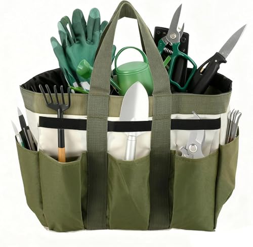 Garden Tool Bag Organizer, Tote Storage Bag with 8 Pocket, Heavy Duty Oxford Garden Tote Caddy, Gardening Tool Kit Holder for Indoor and Outdoor, Gifts for Men Women