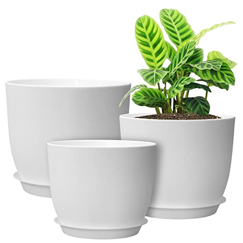 12/10/9 Large Plant Pots, Plastic Planters with Drainage Holes and Saucers for Indoor Outdoor Plants Flowers, White