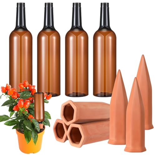 8 Pcs 4 Set Plant Watering Devices, Terracotta Watering Spikes with 25 oz Plastic Wine Bottles, Slow Release Vacation Insert Automatic Plant Waterer Device for Indoor Outdoor