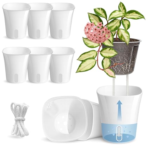 8 Pack 4" Self Watering Pots for Indoor Plants, Clear Inner Cup, Small White Plastic Planters, Water Level Indicator, Drainage Holes, Extra 3ft Wick, Cuttings,Seedlings,Herb,African Violets