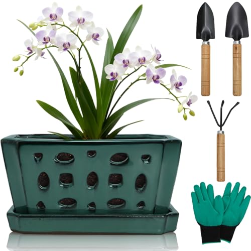 Ceramic Orchid Pot with Saucer & Holes, Large Rectangle Repotting Plant Pot with Gloves & 3 PCS Shovels, Thickened Glazed Decorative Planter, Slotted Flower Container for Good Air Circulation