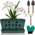 Ceramic Orchid Pot with Saucer & Holes, Large Rectangle Repotting Plant Pot with Gloves & 3 PCS Shovels, Thickened Glazed Decorative Planter, Slotted Flower Container for Good Air Circulation