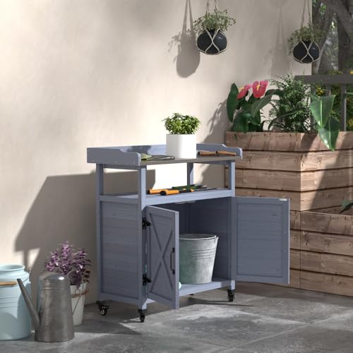Outdoor Potting Bench, Gray Wood Table with Cabinet and Aluminum Top - view 2