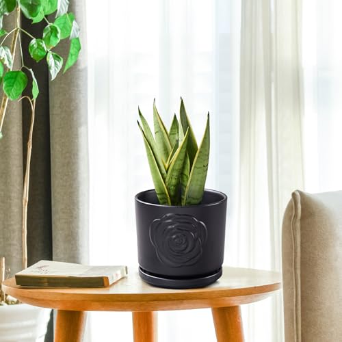 7 Inch Plant Pots for Indoor Plants, Modern Ceramic Glaze Planters, Round Flower Planter Pot with Drainage Hole and Saucer, Snake Plant Pot for Succulent, Orchid, Pothos,Gift for Plant, Black - view 7