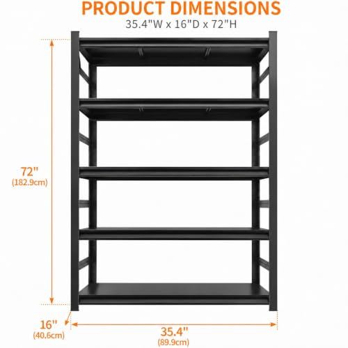 72"H Metal Garage Shelving Unit, Heavy Duty 5-Tier Adjustable Storage shelves, Steel Shelving, 3000 LBS Capacity, Industrial Shelves for Heavy Tools and Equipment, Ideal for Garage, Basement, Black - view 3