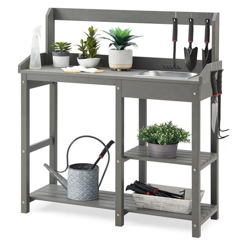 Outdoor Potting Bench Table with Sink for Outside Garden, Gray