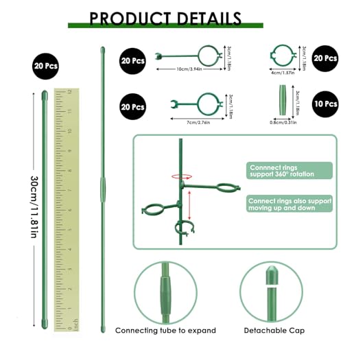 20 Set Plant Stakes 12 inch Extendable Plant Support Stakes with Adjustable Clips Rings, Flower Stem Plant Support Sticks for Indoor Outdoor Plants Stabilizer Garden Sticks for Orchid Rose Tomato - view 2