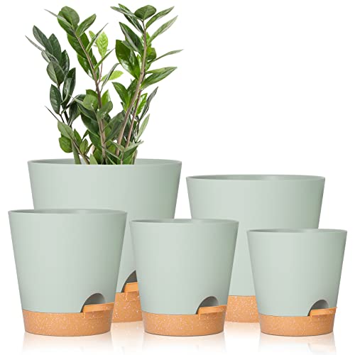 Plant Pots 7/6.5/6/5.5/5 Inch Self Watering Planters with Drainage Hole, Plastic Flower Pots, Nursery Planting Pot for All House Plants, African Violet, Flowers, and Cactus,Green