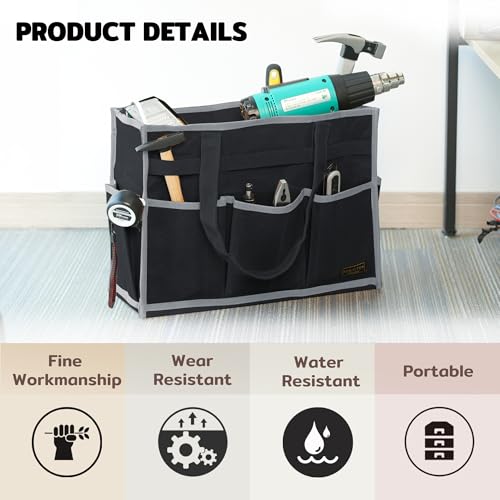 Tool Bag,Tool Pouch with 6 Pockets,Heavy Duty Waxed Canvas Garden Tool Bag Tool Case,16.5 x 7 x 12 Inch & Black - view 5